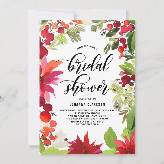 水彩クリスマスフローラ枠ブライダルシャワー 招待状 (正面)