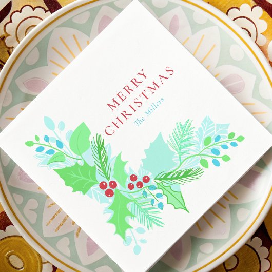 水彩クリスマスブルーグリーンと赤の植物学 スタンダードカクテルナプキン