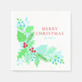 水彩クリスマスブルーグリーンと赤の植物学 スタンダードカクテルナプキン (正面)