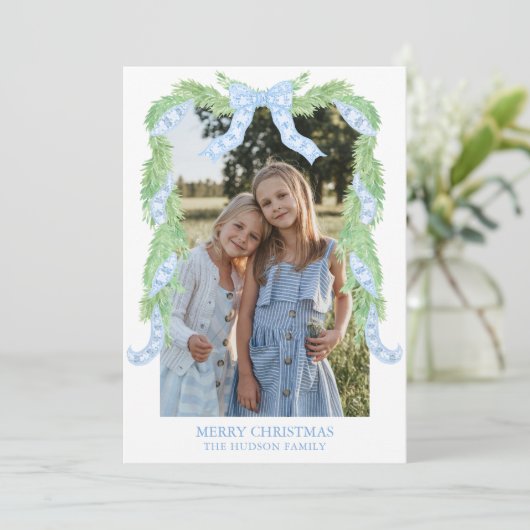 水彩クリスマスブルーボウガーランド写真 シーズンカード (スタンド正面)