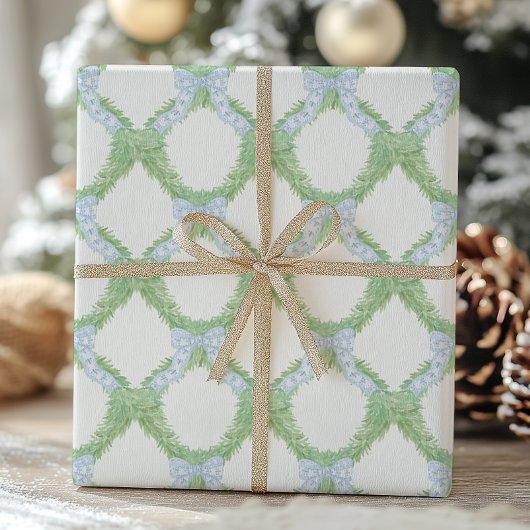 水彩クリスマスブルーボウガーランド ラッピングペーパー