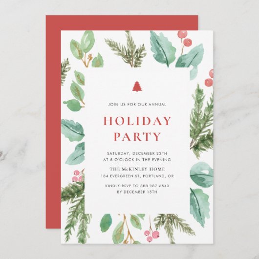 水彩クリスマスブロージホリデーパーティー 招待状 (正面/裏面)