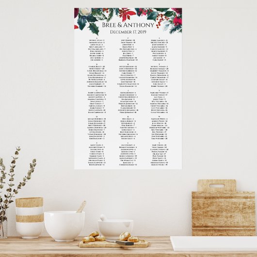 水彩クリスマスブーケ結婚のシーティングチャート ポスター (キッチン)