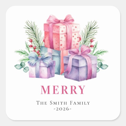水彩クリスマスプレゼント スクエアシール (正面)