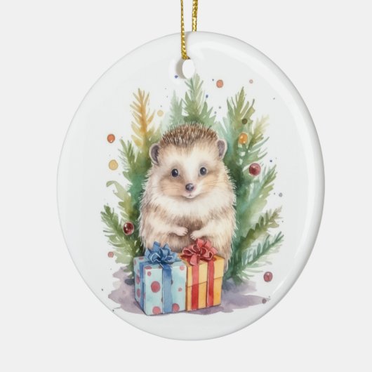 水彩クリスマスヘッジホッグ セラミックオーナメント (左)