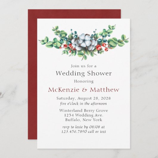 水彩クリスマスベリーズコットンウェディングシャワー 招待状 (正面/裏面)