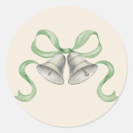 水彩クリスマスベル&ボーステッカー – 緑 ラウンドシール (正面)