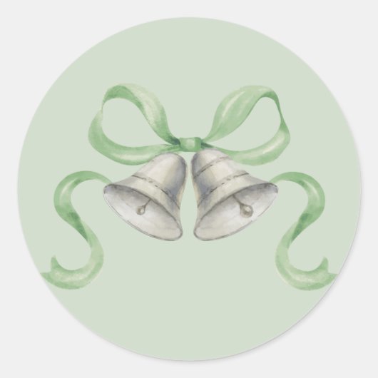 水彩クリスマスベル&ボーステッカー – 緑 ラウンドシール (正面)