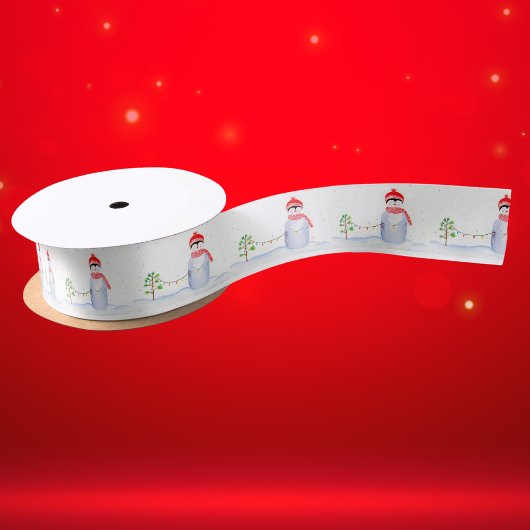 水彩クリスマスペンギンとクリスマス灯 サテンリボン