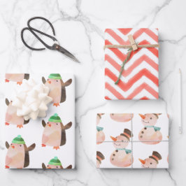 水彩クリスマスペンギン雪だるまギフトラップ ラッピングペーパーシート