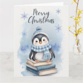 水彩クリスマスペンギン カード (黄色い花)