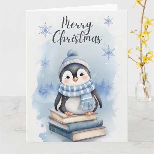 水彩クリスマスペンギン カード (黄色い花)