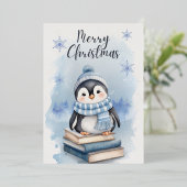 水彩クリスマスペンギン 箔シーズンカード (立ち正面)