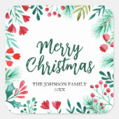 水彩クリスマスホリーとベリーファミリー スクエアシール (正面)