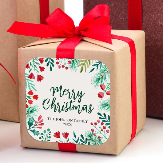 水彩クリスマスホリーとベリーファミリー スクエアシール