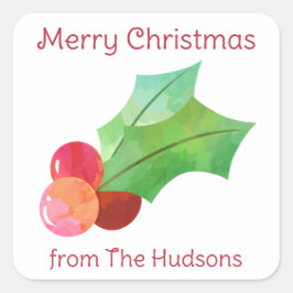水彩クリスマスホリーギフトステッカー スクエアシール