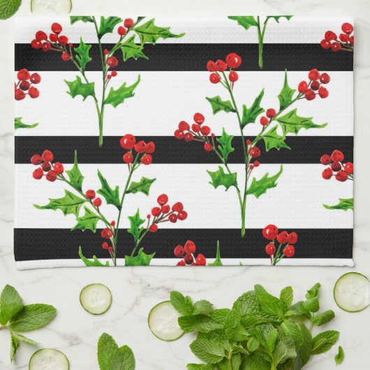 水彩クリスマスホリーモダンストライプ模様 キッチンタオル (折り畳み)