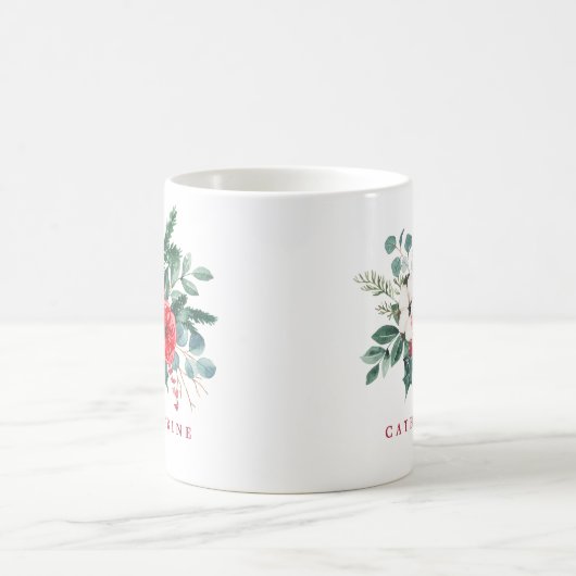 水彩クリスマスボタニカル名前をカスタムする コーヒーマグカップ (中央)