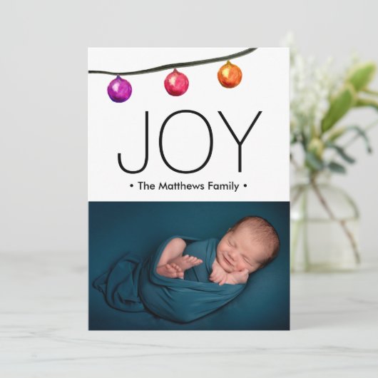 水彩クリスマスボール男の赤ちゃん写真 シーズンカード (スタンド正面)