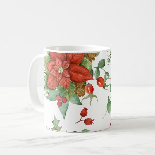 水彩クリスマスポインセチアと赤(鳥)ショウジョウコウカンチョウ コーヒーマグカップ (正面左)