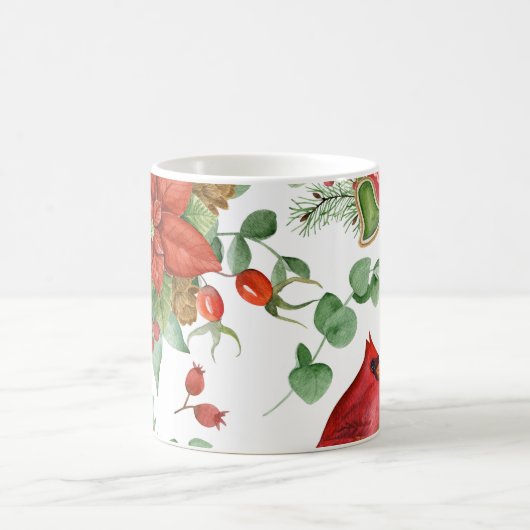 水彩クリスマスポインセチアと赤(鳥)ショウジョウコウカンチョウ コーヒーマグカップ (中央)