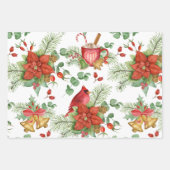 水彩クリスマスポインセチアと赤（鳥）ショウジョウコウカンチョウ ラッピングペーパーシート (正面3)