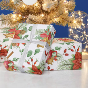 水彩クリスマスポインセチアと赤(鳥)ショウジョウコウカンチョウ ラッピングペーパー