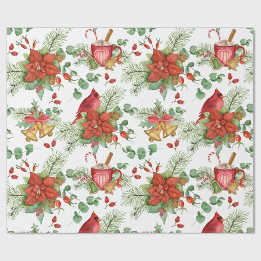 水彩クリスマスポインセチアと赤（鳥）ショウジョウコウカンチョウ ラッピングペーパー (フラット)