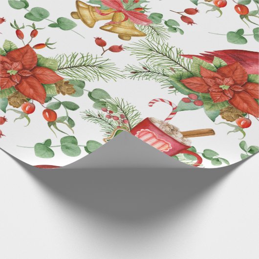 水彩クリスマスポインセチアと赤（鳥）ショウジョウコウカンチョウ ラッピングペーパー (角)