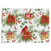 水彩クリスマスポインセチアと赤（鳥）ショウジョウコウカンチョウ ラージペーパーバッグ (裏面)