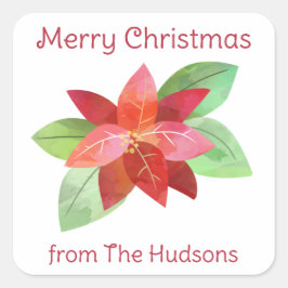 水彩クリスマスポインセチア贈り物シール スクエアシール