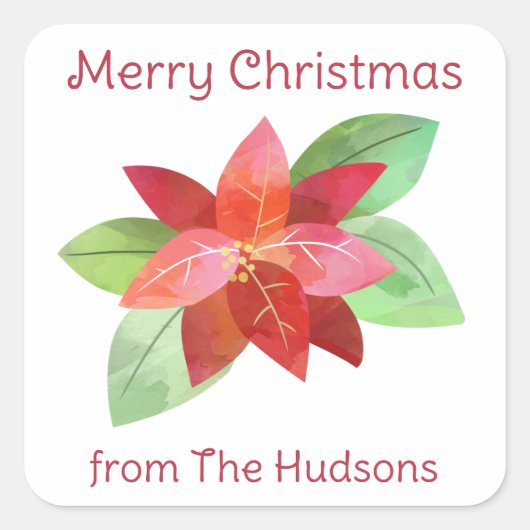 水彩クリスマスポインセチア贈り物シール スクエアシール (正面)
