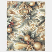 水彩クリスマスモチーフホリデー金ゴールド フリースブランケット (正面)