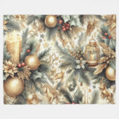 水彩クリスマスモチーフホリデー金ゴールド フリースブランケット (正面(横))