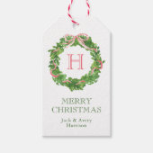 水彩クリスマスモノグラムストライプのボウリース ギフトタグ (正面)