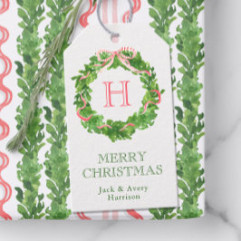 水彩クリスマスモノグラムストライプのボウリース ギフトタグ