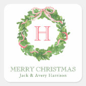 水彩クリスマスモノグラムストライプのボウリース スクエアシール (正面)