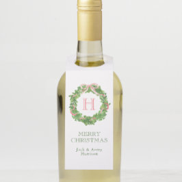 水彩クリスマスモノグラムストライプのボウリース ボトルネックタグ