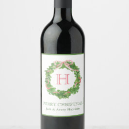 水彩クリスマスモノグラムストライプのボウリース ワインラベル