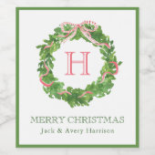 水彩クリスマスモノグラムストライプのボウリース ワインラベル (シングルラベル)
