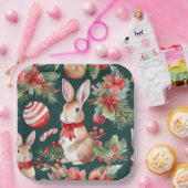 水彩クリスマスラビッツ赤グリーンフローラ ペーパープレート (パーティー)