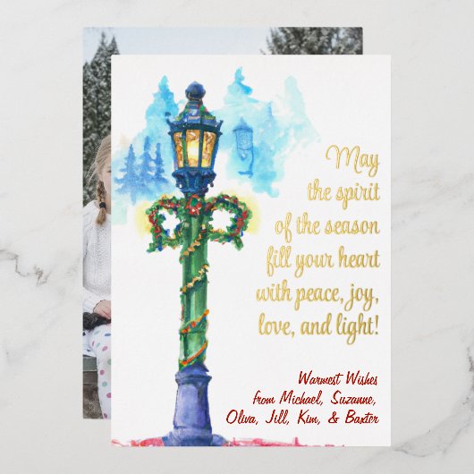 水彩クリスマスランプのポストフォト背面 箔シーズンカード (正面/裏面)