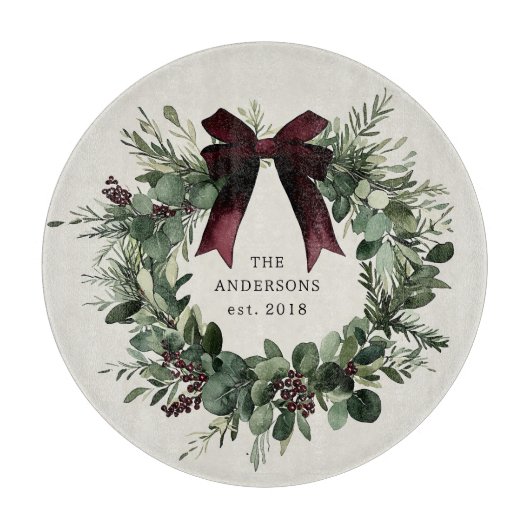 水彩クリスマスリースパーソナライズされた名 カッティングボード (正面)