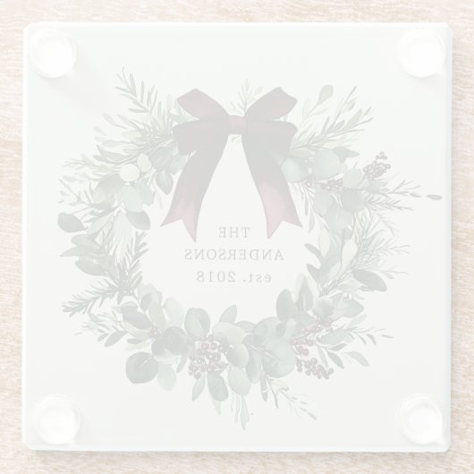 水彩クリスマスリースパーソナライズされた名 ガラスコースター (裏面)