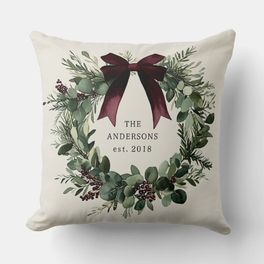 水彩クリスマスリースパーソナライズされた名 クッション (正面)