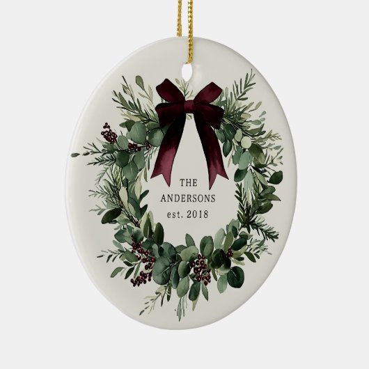 水彩クリスマスリースパーソナライズされた名 セラミックオーナメント (右)