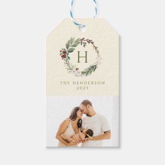 水彩クリスマスリースファミリーモノグラム写真 ギフトタグ (正面)