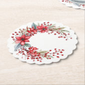水彩クリスマスリースポインセティアホリーベリー ペーパーコースター (アングル)