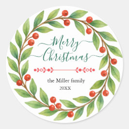 水彩クリスマスリース付きカスタム文字 ラウンドシール