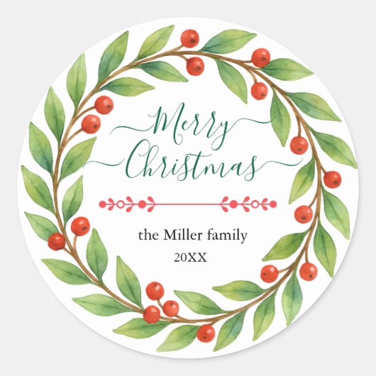 水彩クリスマスリース付きカスタム文字 ラウンドシール (正面)